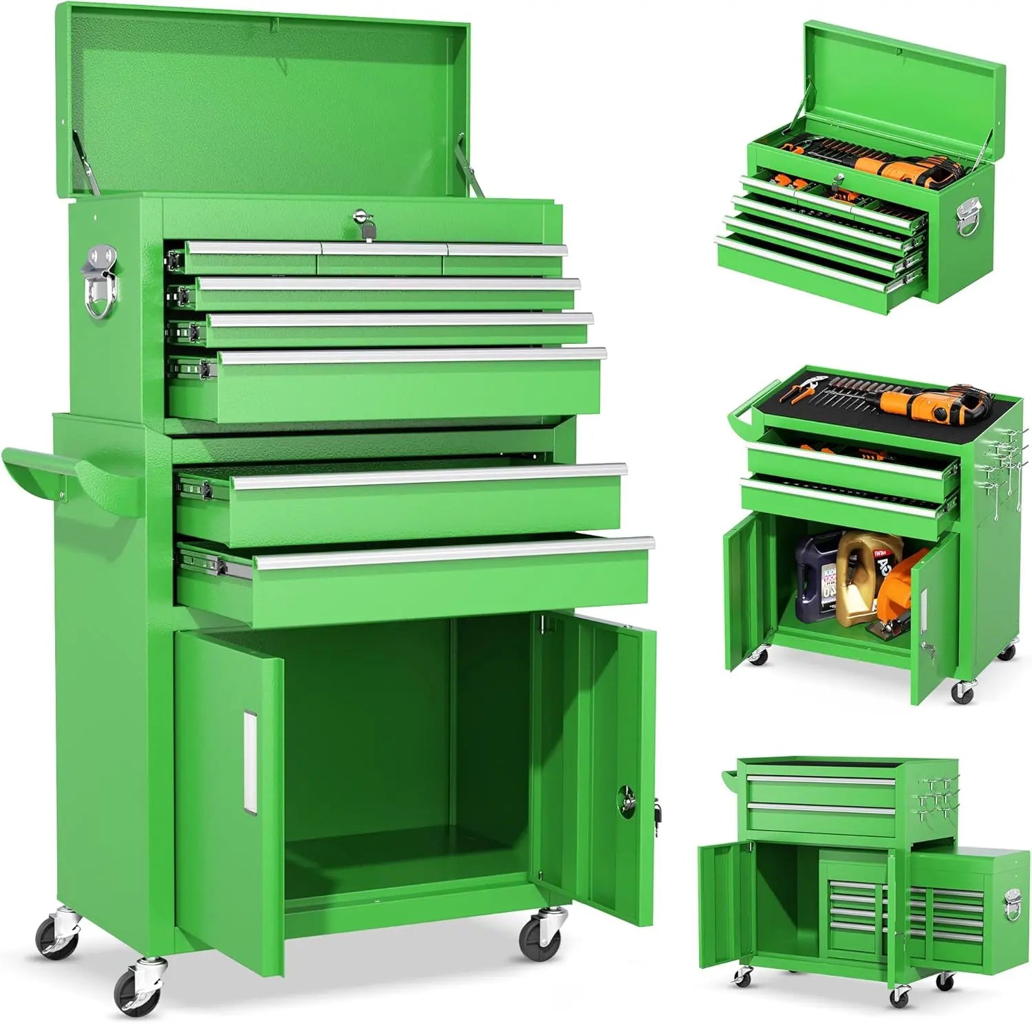 INTERGREAT 8-Drawers Rolling Tool Chest, Assembled Tool Chest with Wheels, Detachable Top Tool Box, Tool Cabinet for Repair Room,Warehouse, Rolling Tool Box with Hooks,Tray Divider,Liners#Summervibes