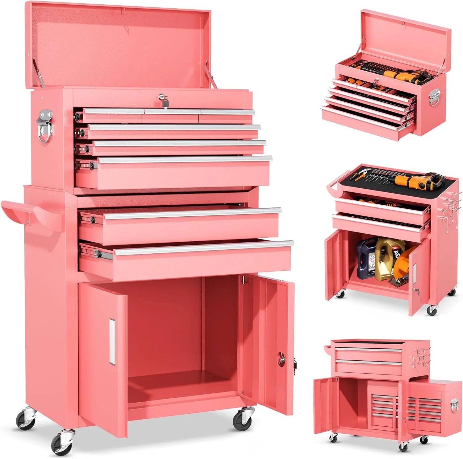INTERGREAT 8-Drawers Rolling Tool Chest, Assembled Tool Chest with Wheels, Detachable Top Tool Box, Tool Cabinet for Repair Room,Warehouse, Rolling Tool Box with Hooks,Tray Divider,Liners#Summervibes
