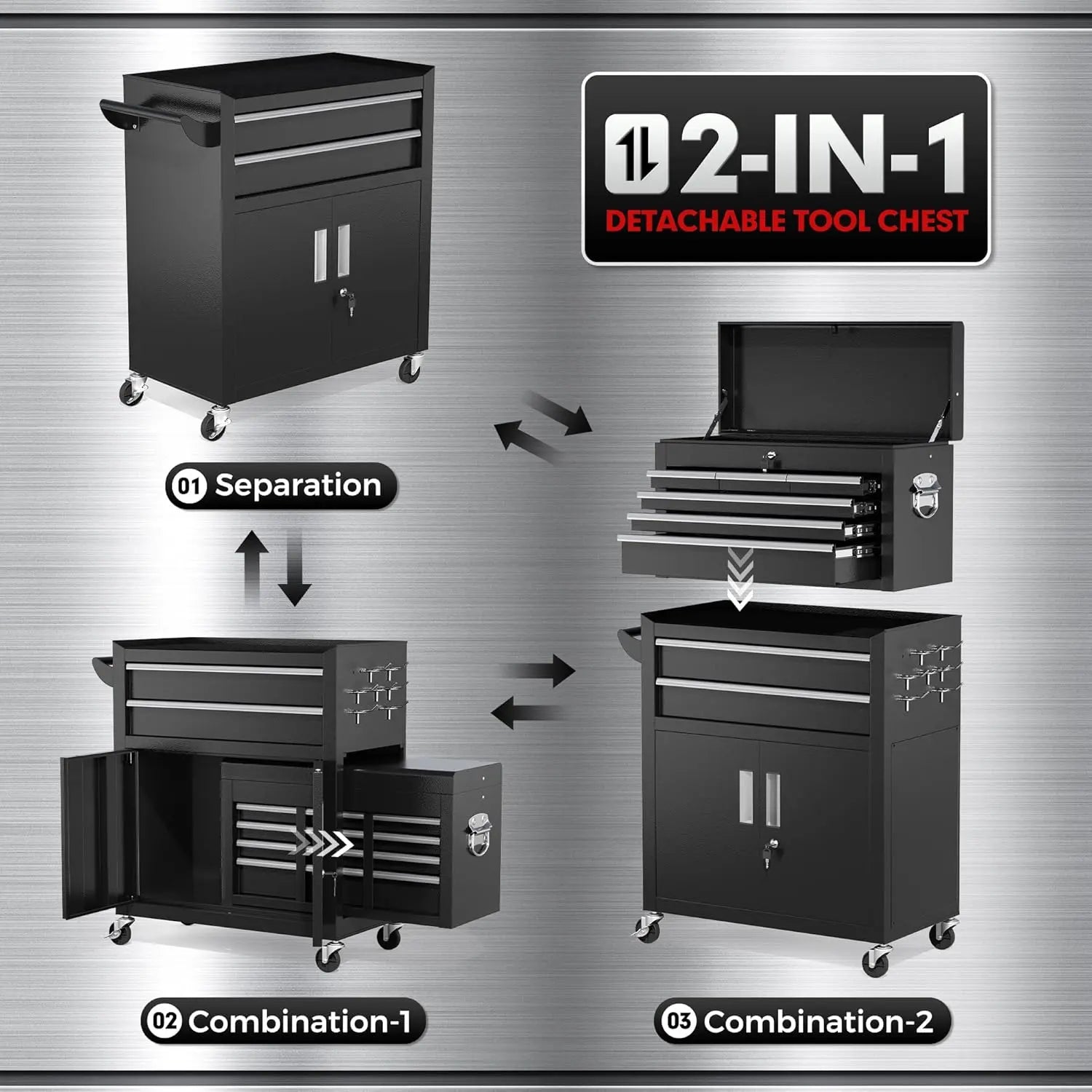 INTERGREAT 8-Drawers Rolling Tool Chest, Assembled Tool Chest with Wheels, Detachable Top Tool Box, Tool Cabinet for Repair Room,Warehouse, Rolling Tool Box with Hooks,Tray Divider,Liners#Summervibes