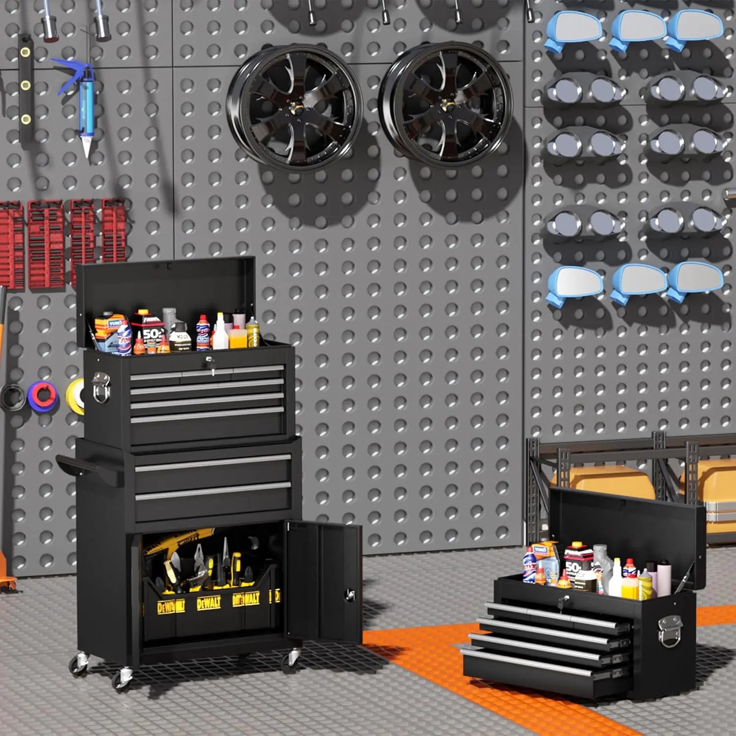 INTERGREAT 8-Drawers Rolling Tool Chest, Assembled Tool Chest with Wheels, Detachable Top Tool Box, Tool Cabinet for Repair Room,Warehouse, Rolling Tool Box with Hooks,Tray Divider,Liners#Summervibes