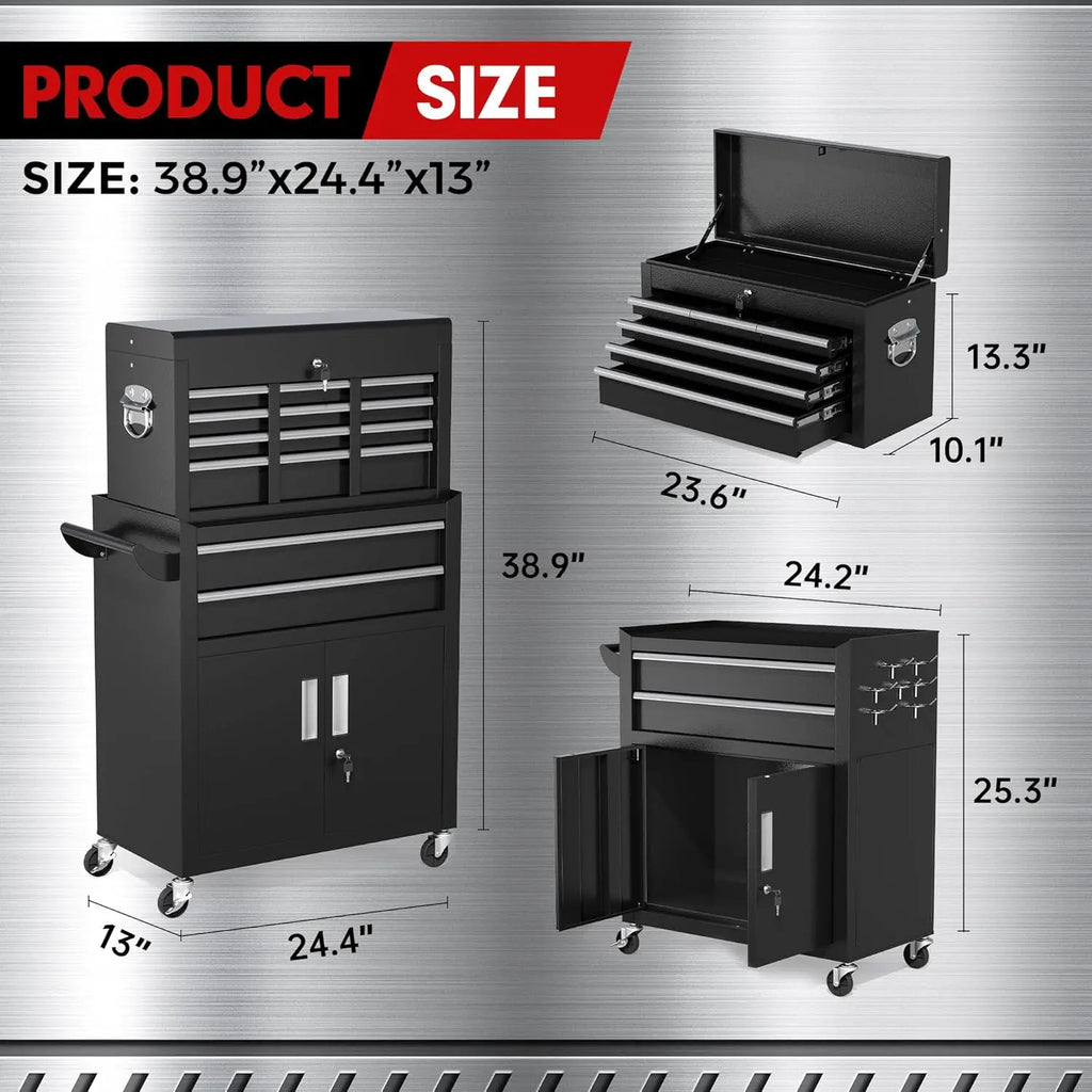 INTERGREAT 8-Drawers Rolling Tool Chest, Assembled Tool Chest with Wheels, Detachable Top Tool Box, Tool Cabinet for Repair Room,Warehouse, Rolling Tool Box with Hooks,Tray Divider,Liners#Summervibes