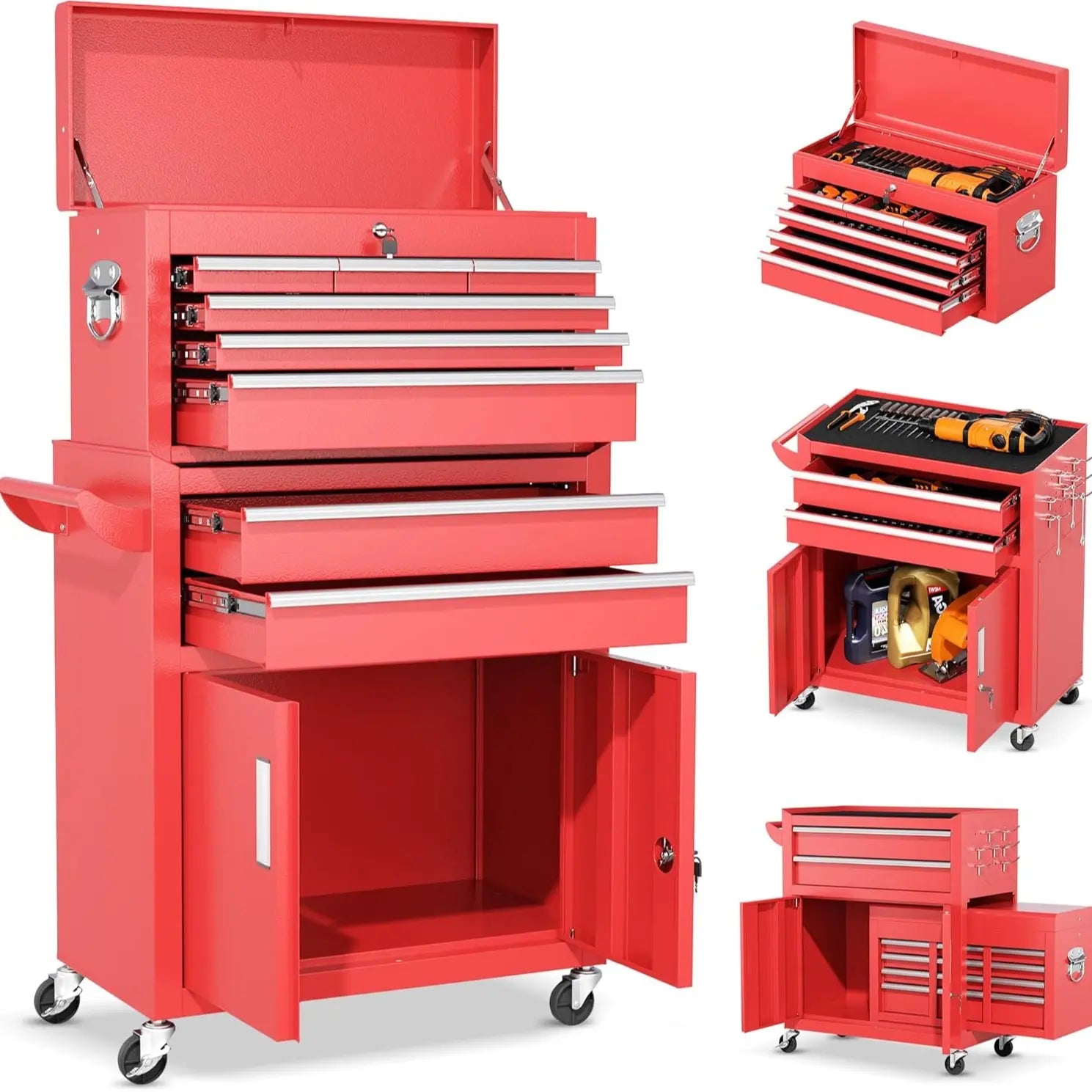 INTERGREAT 8-Drawers Rolling Tool Chest, Assembled Tool Chest with Wheels, Detachable Top Tool Box, Tool Cabinet for Repair Room,Warehouse, Rolling Tool Box with Hooks,Tray Divider,Liners#Summervibes
