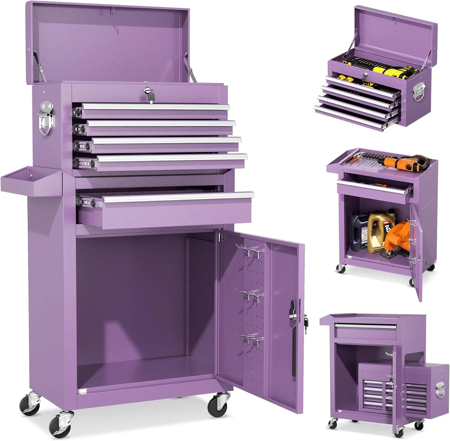 INTERGREAT 8-Drawers Rolling Tool Chest, Assembled Tool Chest with Wheels, Detachable Top Tool Box, Tool Cabinet for Repair Room,Warehouse, Rolling Tool Box with Hooks,Tray Divider,Liners#Summervibes
