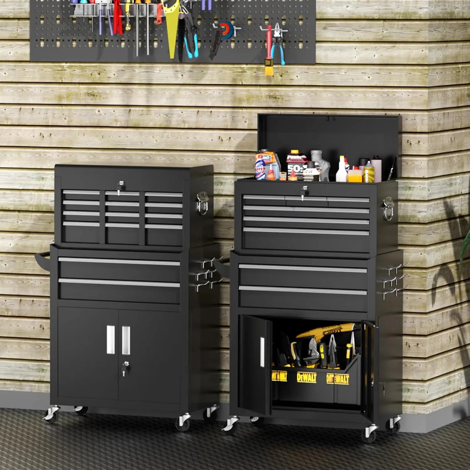 INTERGREAT 8-Drawers Rolling Tool Chest, Assembled Tool Chest with Wheels, Detachable Top Tool Box, Tool Cabinet for Repair Room,Warehouse, Rolling Tool Box with Hooks,Tray Divider,Liners#Summervibes